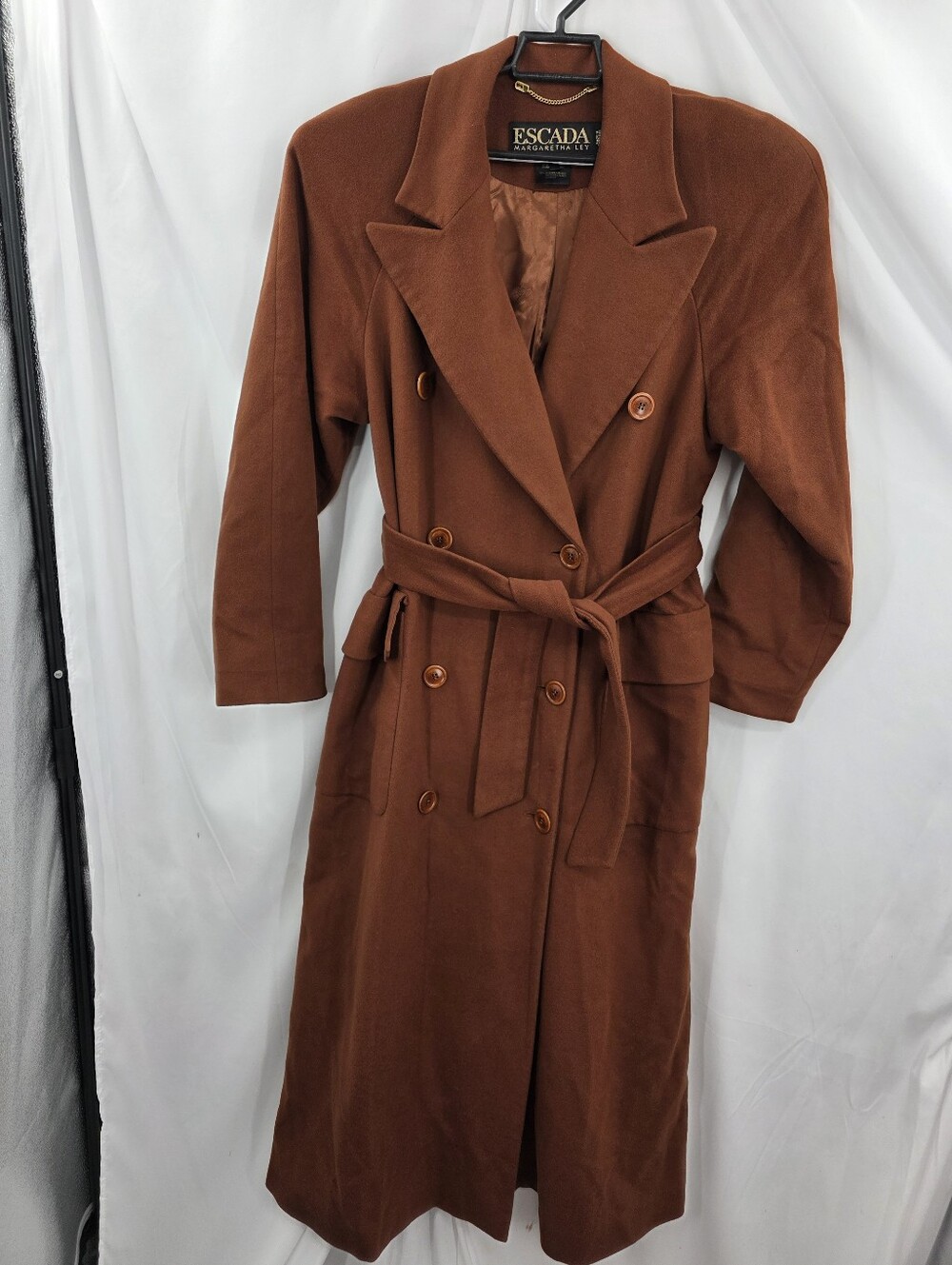 Vintage Escada Margaretha Ley Rust Brown Cashmere Double Breasted Trench Coat 34